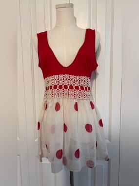 FREE PEOPLE, Red V-NeckTank Upper, Large Red Polka Dots on Sheer Fabric Below